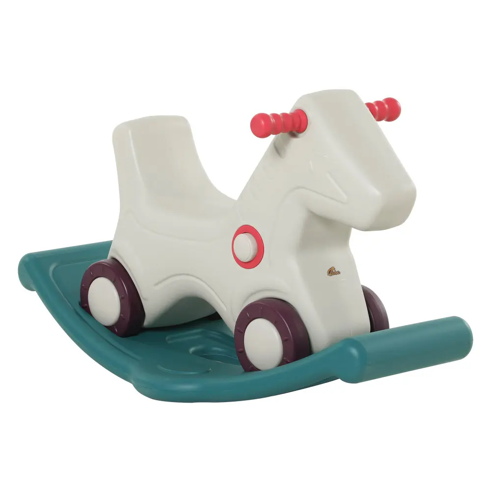 Kids 2 in 1 Rocking Horse & Sliding Car for Indoor & Outdoor Use W/ Detachable Base, Wheels, Smooth Materials, Grey and Green