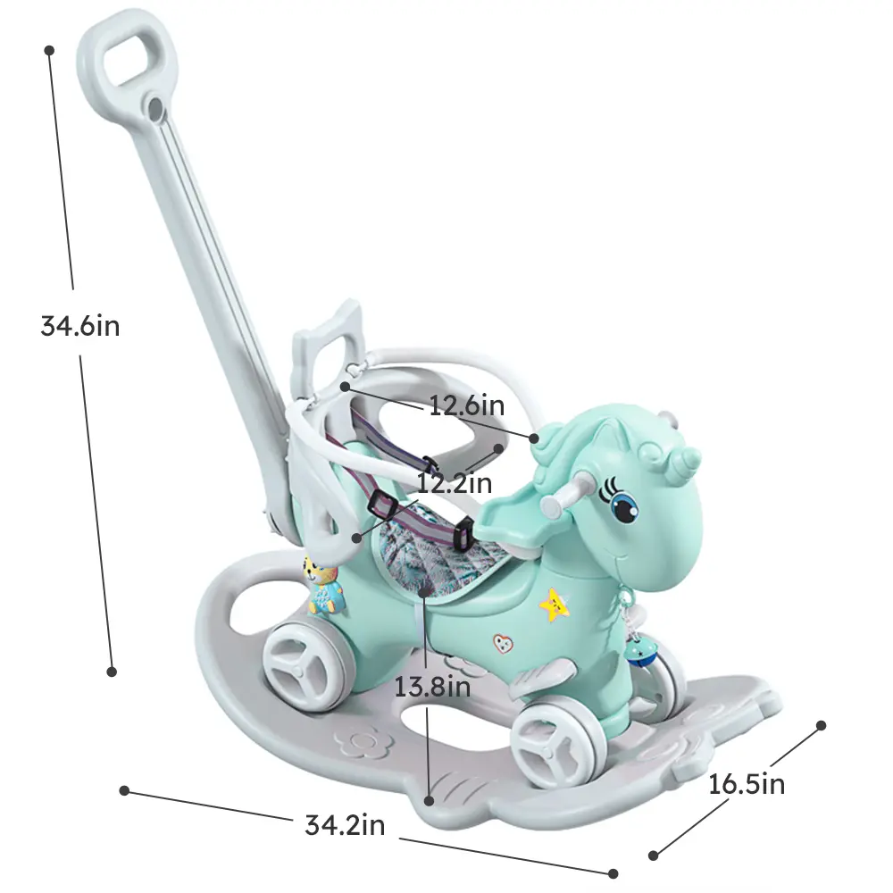 Rocking Horse for Toddlers, Balance Bike Ride On Toys with Push Handle,  Board for Baby Girl and Boy, Unicorn Blue color
