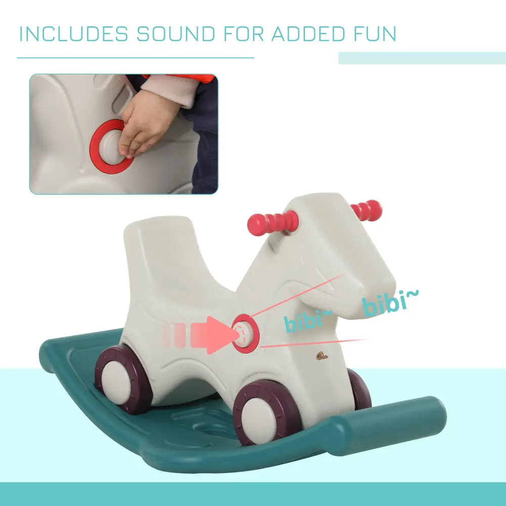 Kids 2 in 1 Rocking Horse & Sliding Car for Indoor & Outdoor Use W/ Detachable Base, Wheels, Smooth Materials, Grey and Green