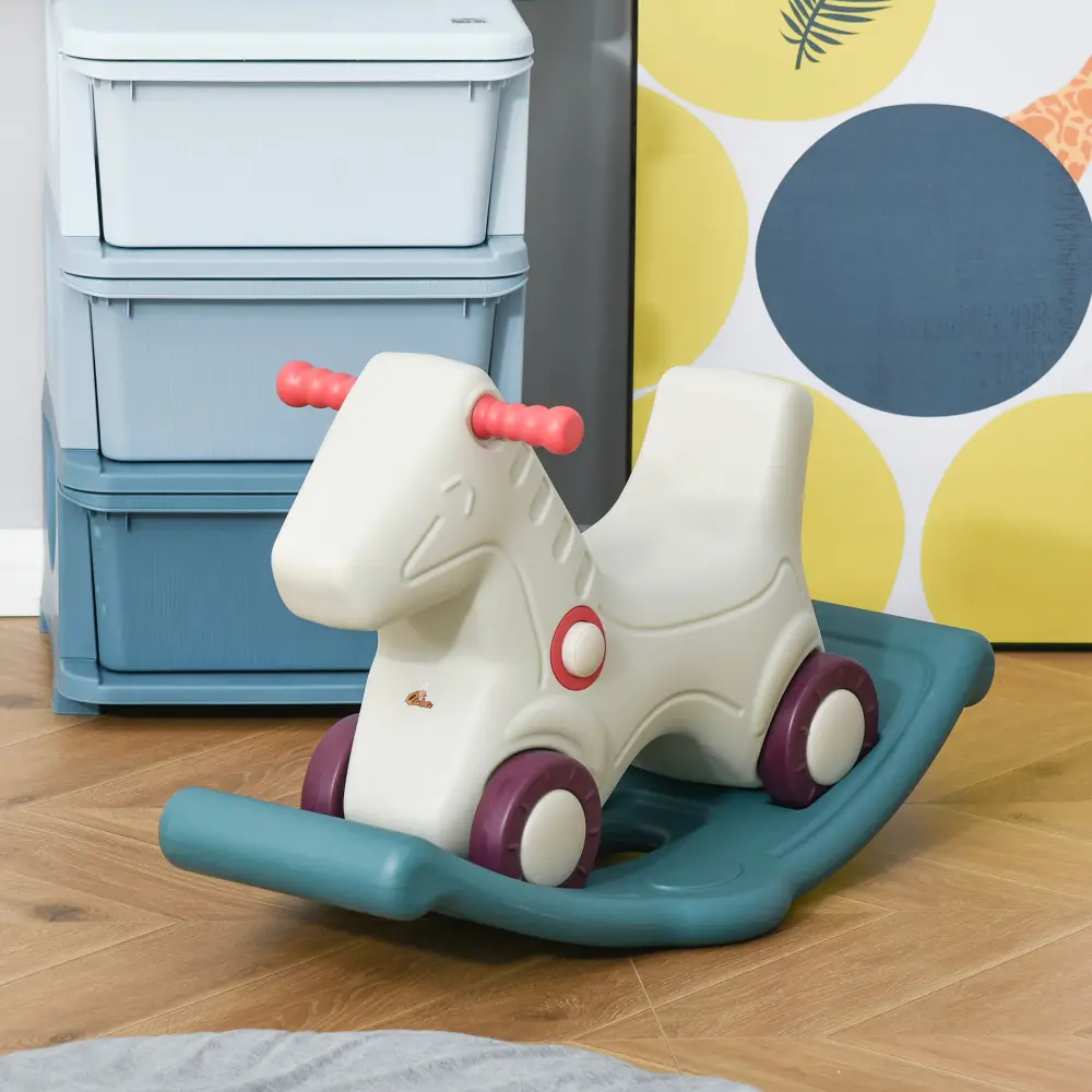 Kids 2 in 1 Rocking Horse & Sliding Car for Indoor & Outdoor Use W/ Detachable Base, Wheels, Smooth Materials, Grey and Green
