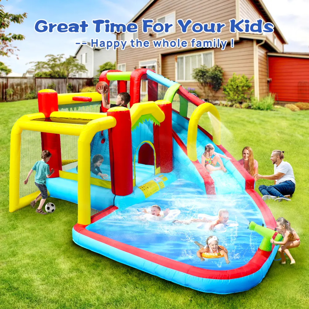 7-in-1 Inflatable Slide Water Park with Paddy Pool, Water Guns, Climbing Wall, Basketball and Football