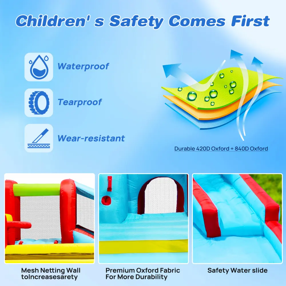 7-in-1 Inflatable Slide Water Park with Paddy Pool, Water Guns, Climbing Wall, Basketball and Football