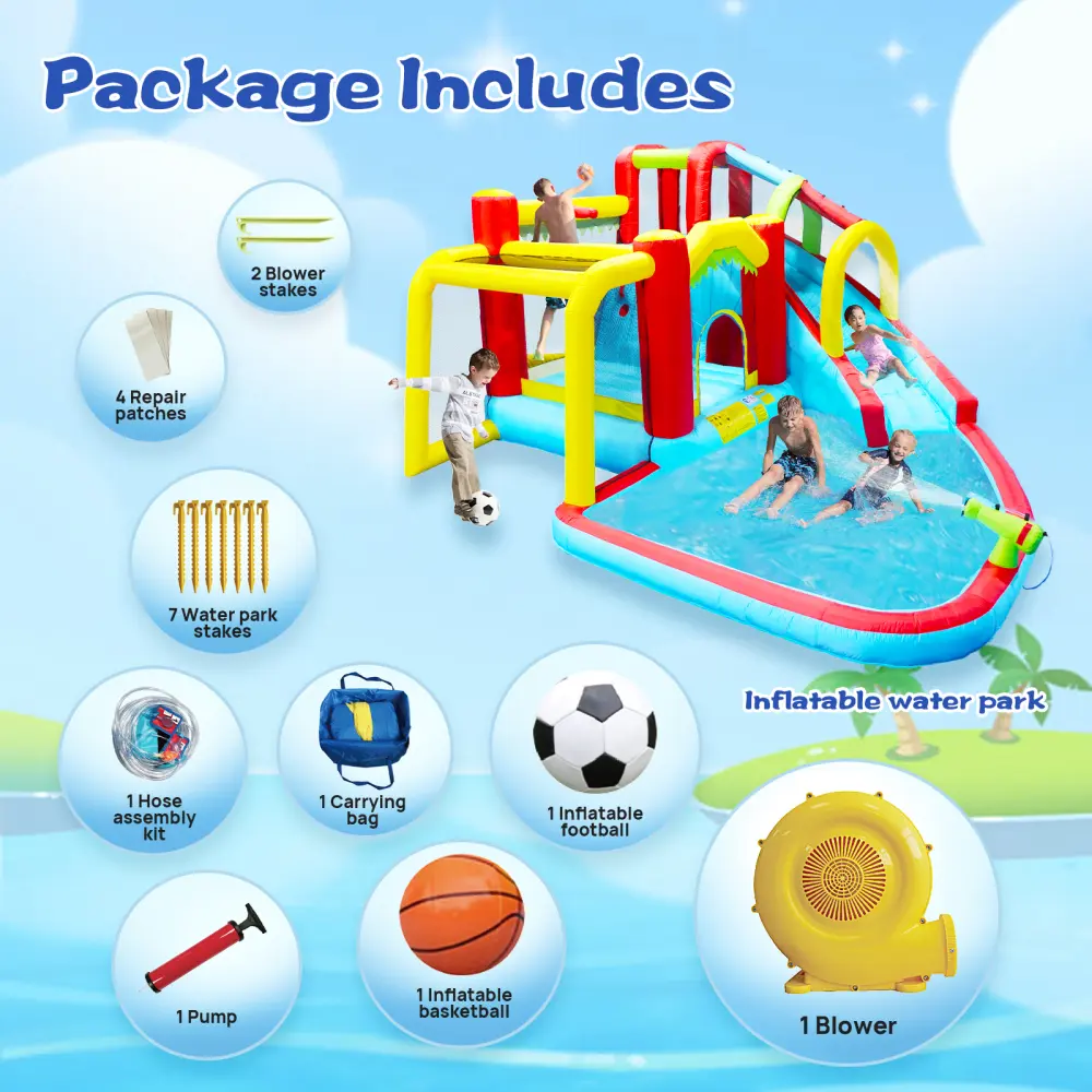 7-in-1 Inflatable Slide Water Park with Paddy Pool, Water Guns, Climbing Wall, Basketball and Football