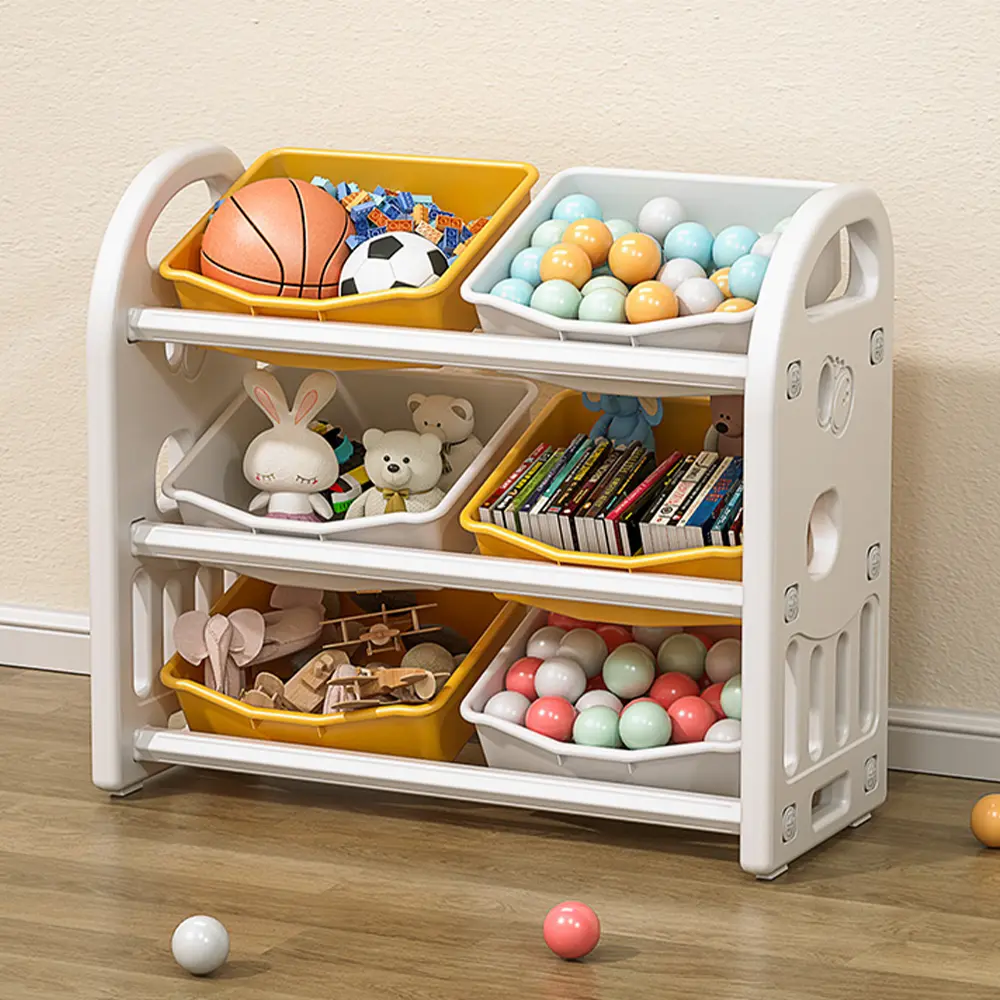 Kids Toy Storage Cabinet with 6 Bins, Kids Toy Storage Cabinet with HDPE Shelves and Bins for Playroom, Bedroom, Living Room