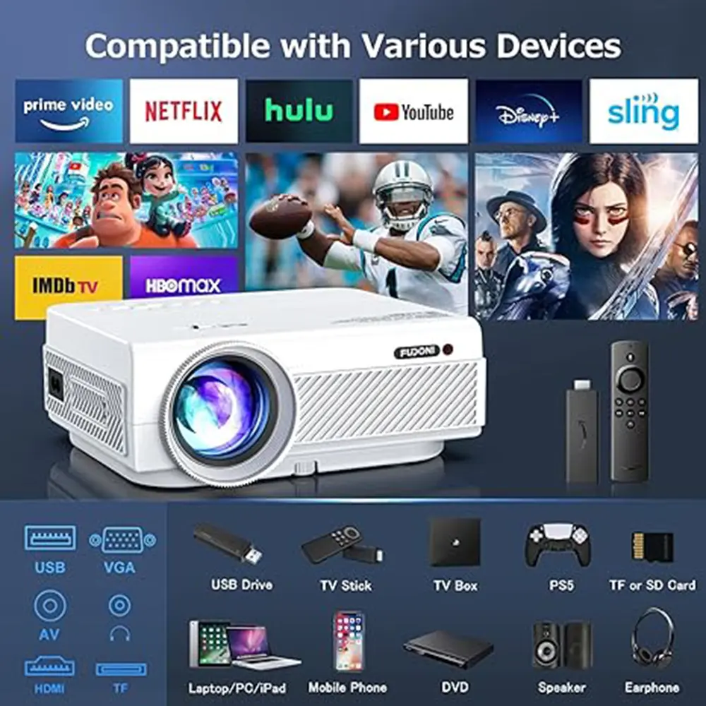 Projector with WiFi and Bluetooth, 5G WiFi Native 1080P Outdoor Projector Support 4K, Portable Movie Projector for Most Devices