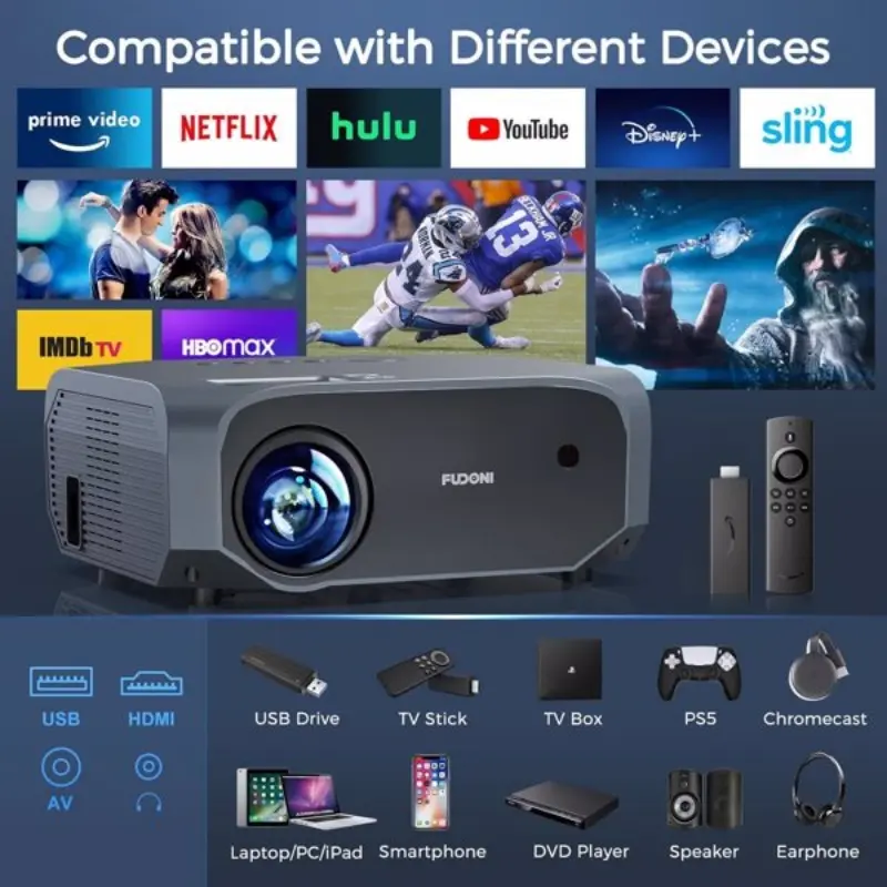 Projector with 5G WiFi and Bluetooth, Native 1080P Portable Outdoor Video Projector Supports 4K Projector