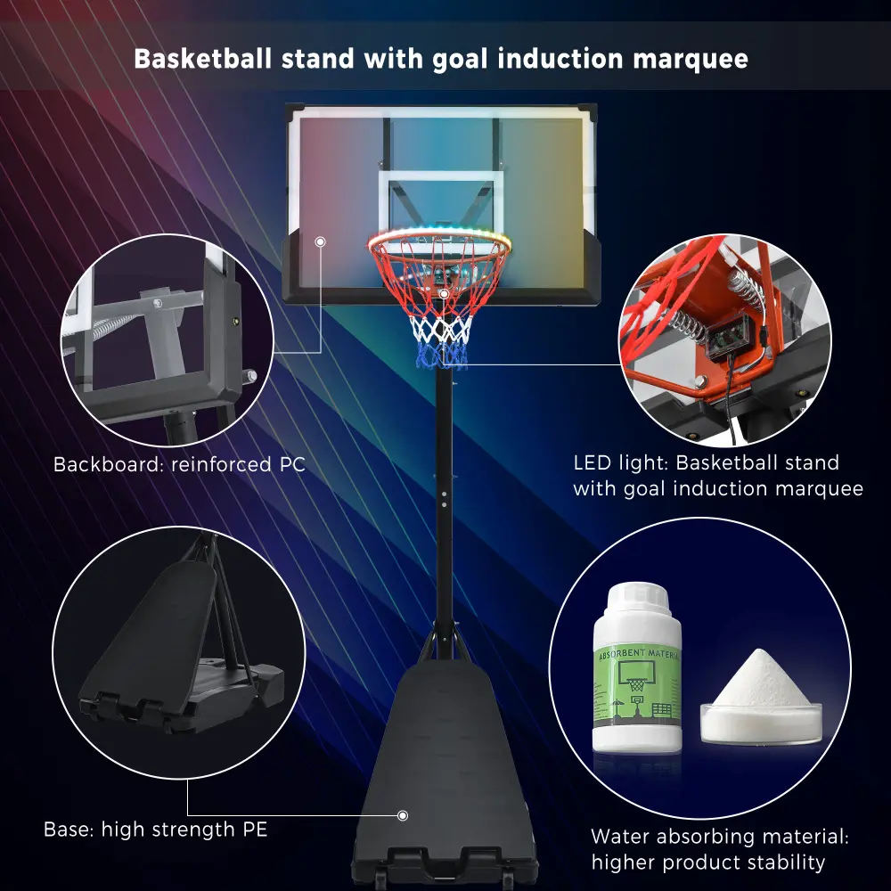 Portable Basketball Stand, 8-10ft Height Adjustable for Youth Adults LED Basketball Stand Light Basketball Hoop