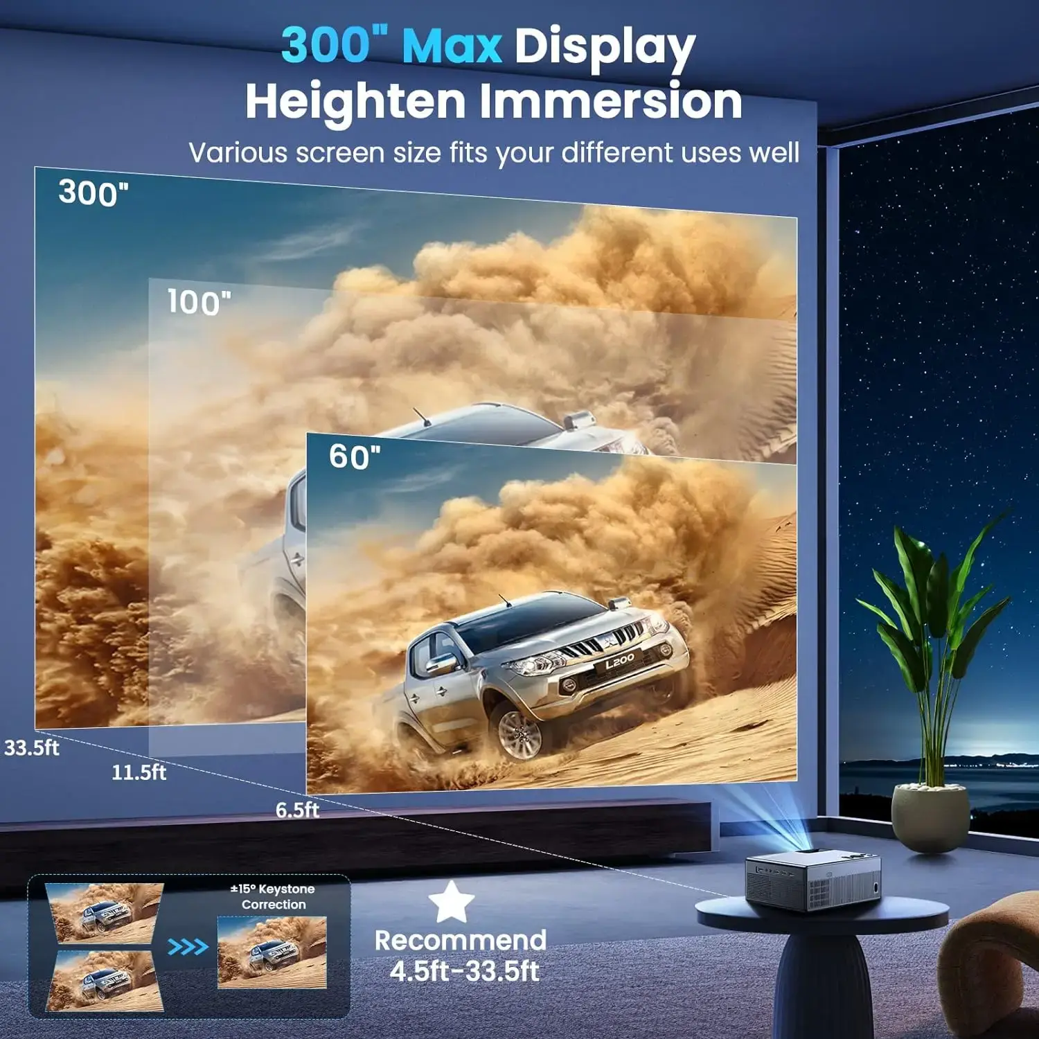Projector with 5G WiFi and Bluetooth, 1080P Outdoor Projector with HDMI and USB, Max 300" Display Zoom Function for Most Devices