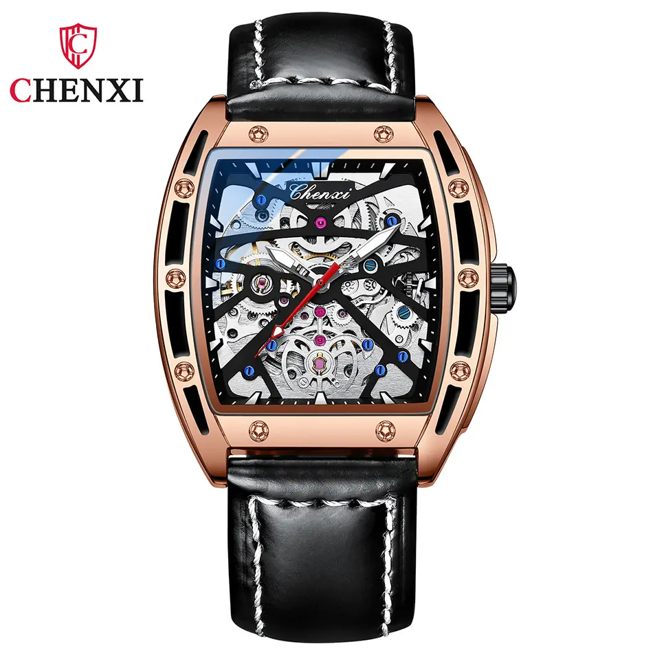 Black Classic Automatic Mechanical Watch for Men Anniversary Gift Business Fashion Skeleton Watch Male Leather Strap Hollow Dial
