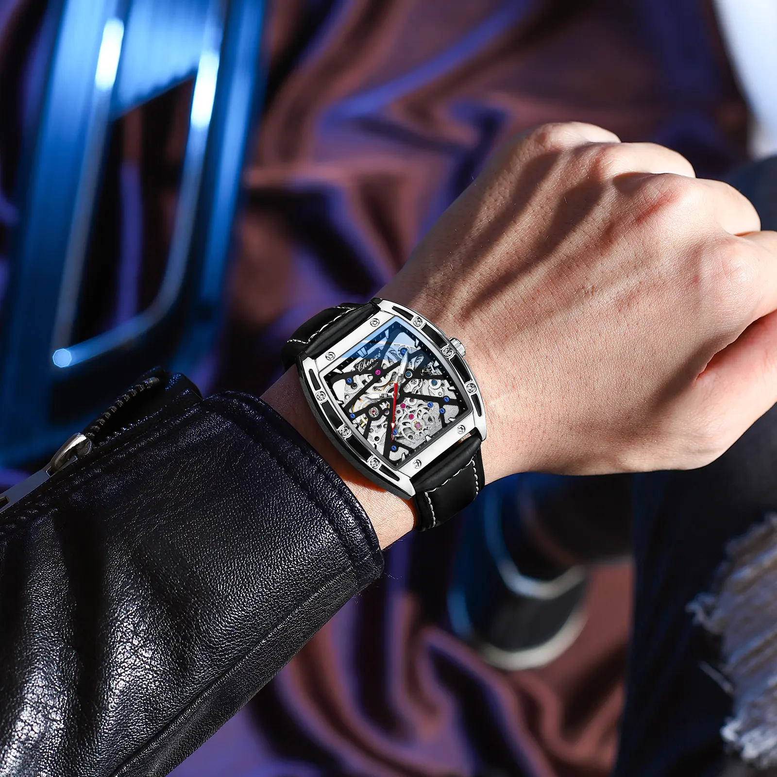 Black Classic Automatic Mechanical Watch for Men Anniversary Gift Business Fashion Skeleton Watch Male Leather Strap Hollow Dial