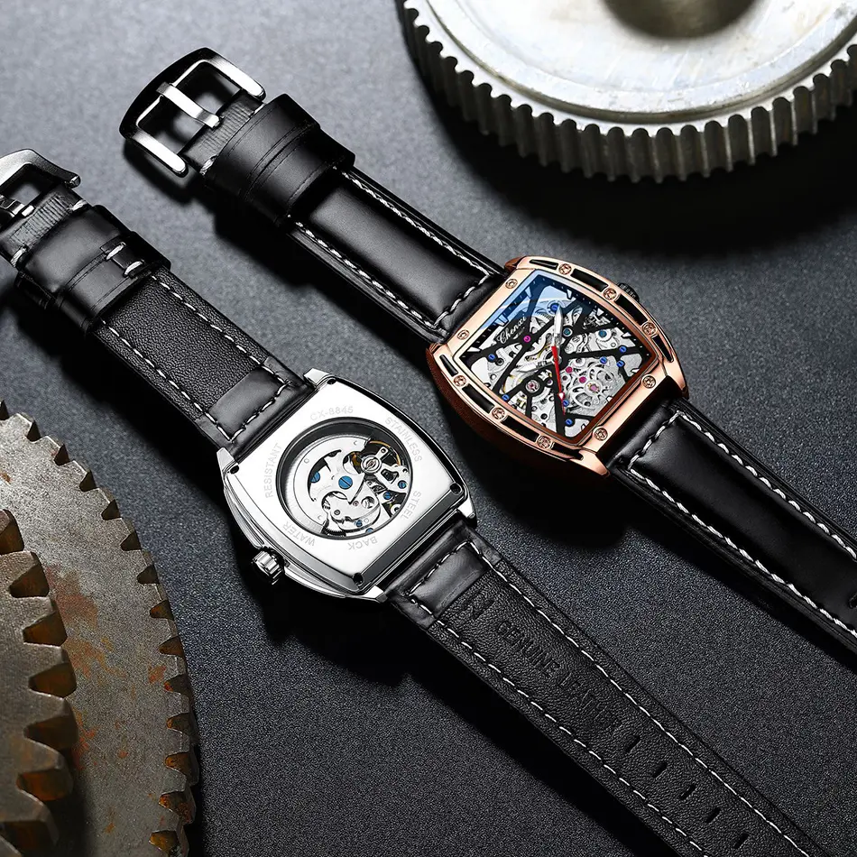 Black Classic Automatic Mechanical Watch for Men Anniversary Gift Business Fashion Skeleton Watch Male Leather Strap Hollow Dial