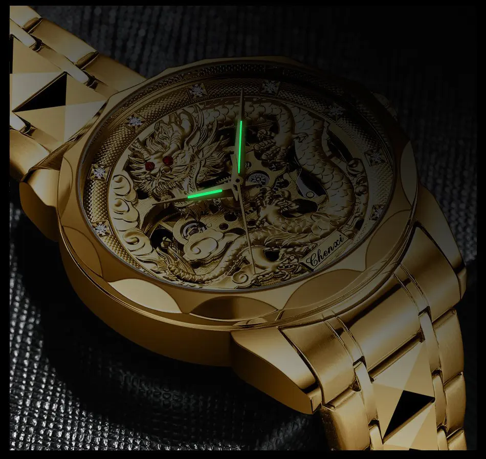 Luxury Gold Mechanical Watch Men Unique Dragon Patern Dial Golden Stainless Steel Strap Automatic Men's Wathces Wedding Gift