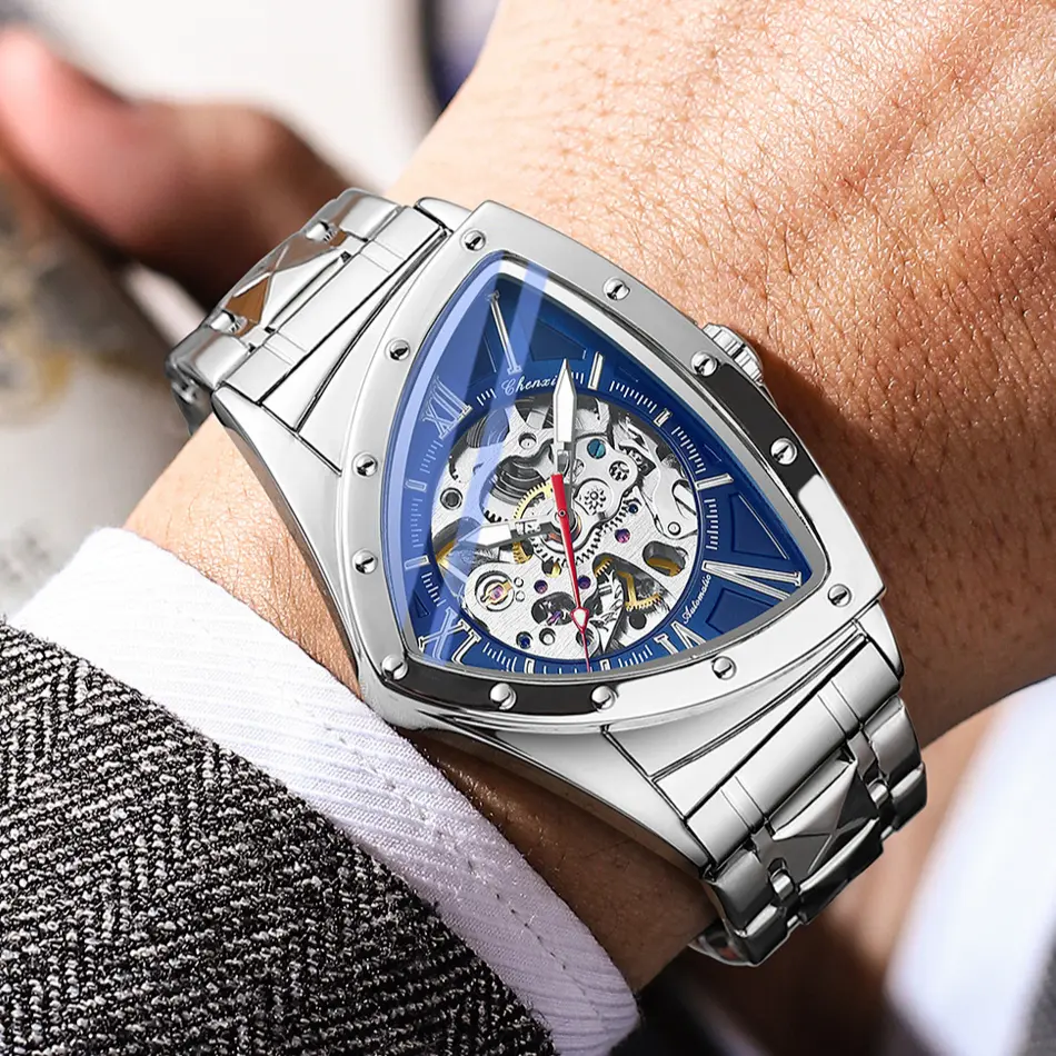 Unique Triangle Automatic Mechanical Watches Men Stainless Steel Luxury Business Dress Watch for Men Self Wind Waterproof 3bar