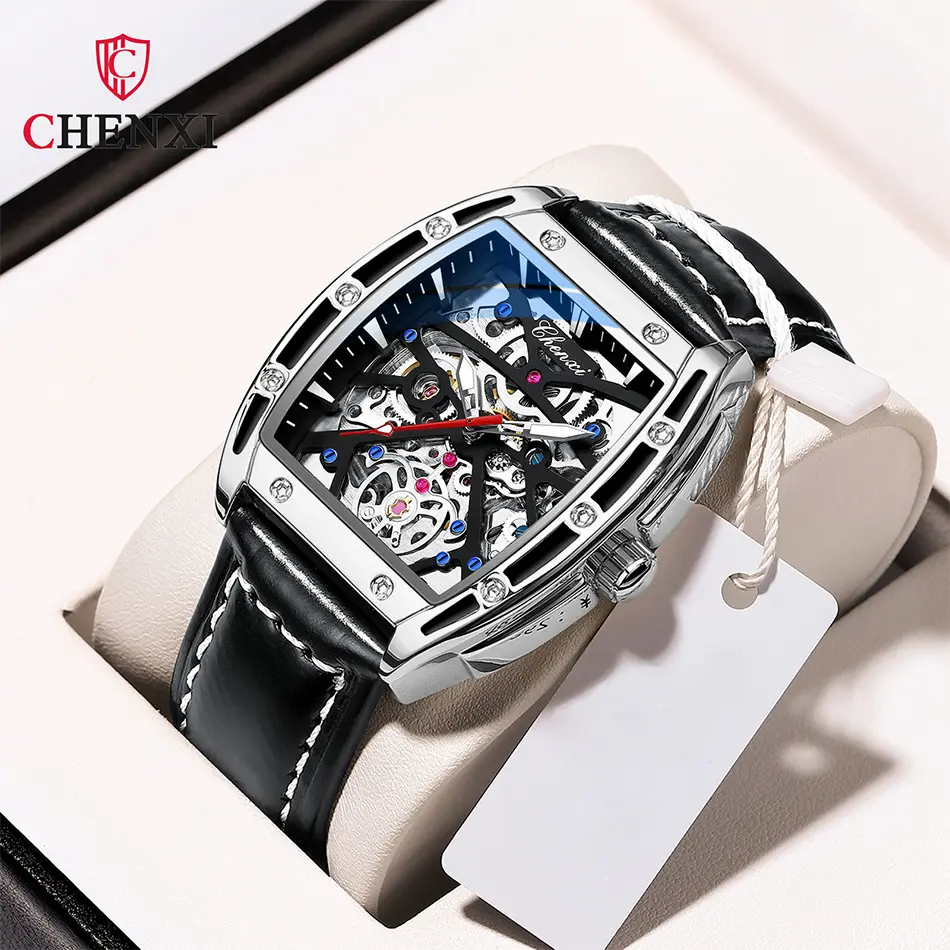 Black Classic Automatic Mechanical Watch for Men Anniversary Gift Business Fashion Skeleton Watch Male Leather Strap Hollow Dial