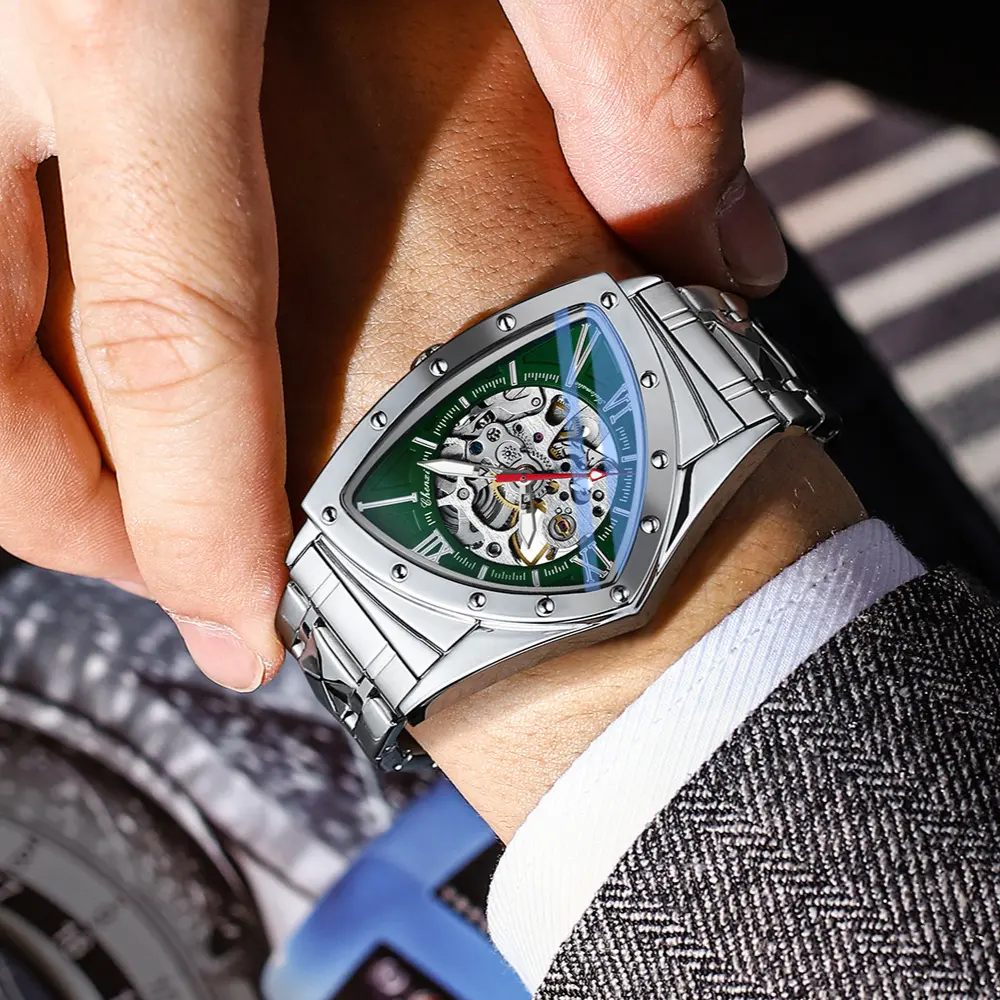 Unique Triangle Automatic Mechanical Watches Men Stainless Steel Luxury Business Dress Watch for Men Self Wind Waterproof 3bar