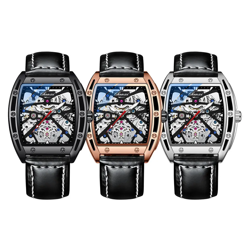 Black Classic Automatic Mechanical Watch for Men Anniversary Gift Business Fashion Skeleton Watch Male Leather Strap Hollow Dial