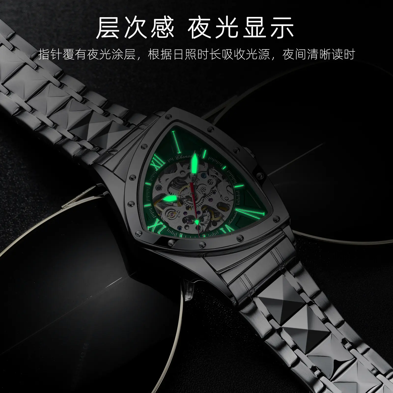 Unique Triangle Automatic Mechanical Watches Men Stainless Steel Luxury Business Dress Watch for Men Self Wind Waterproof 3bar