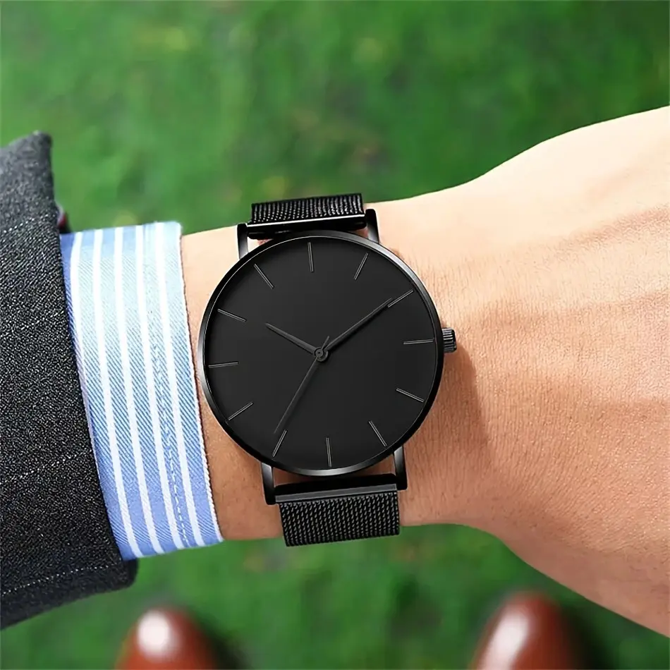 Fashion Mens Business Black Watches Luxury Stainless Steel Ultra Thin Mesh Belt Quartz Men Wrist Watch Casual Classic Male Watch