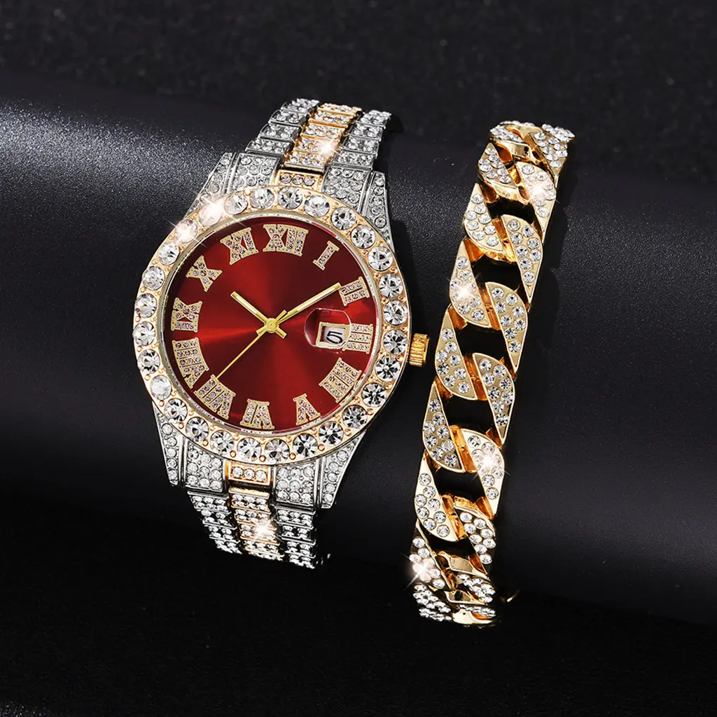 2PCs Fashion Luxury Full Diamond Steel Band Calendar Roman Scale Men's Steel Band Quartz Watch with Diamond Chain Bracelet Gift