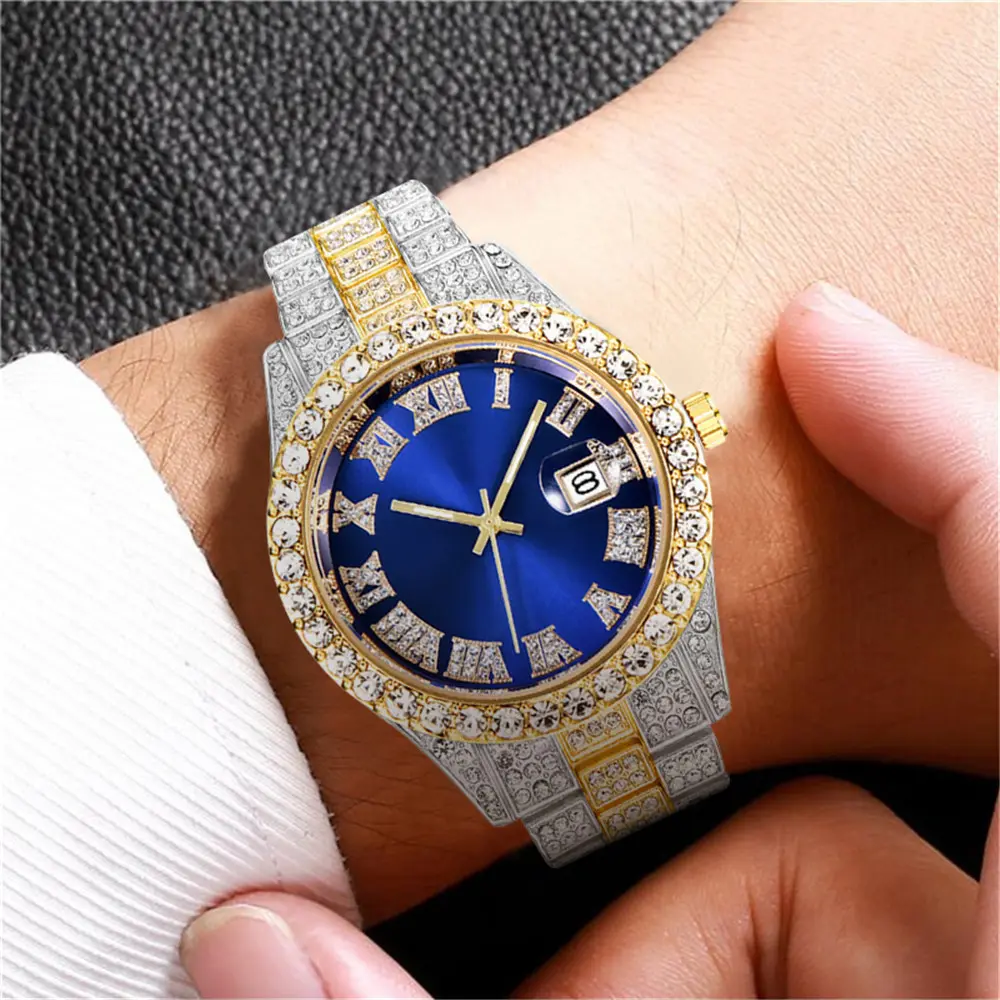 2PCs Fashion Luxury Full Diamond Steel Band Calendar Roman Scale Men's Steel Band Quartz Watch with Diamond Chain Bracelet Gift