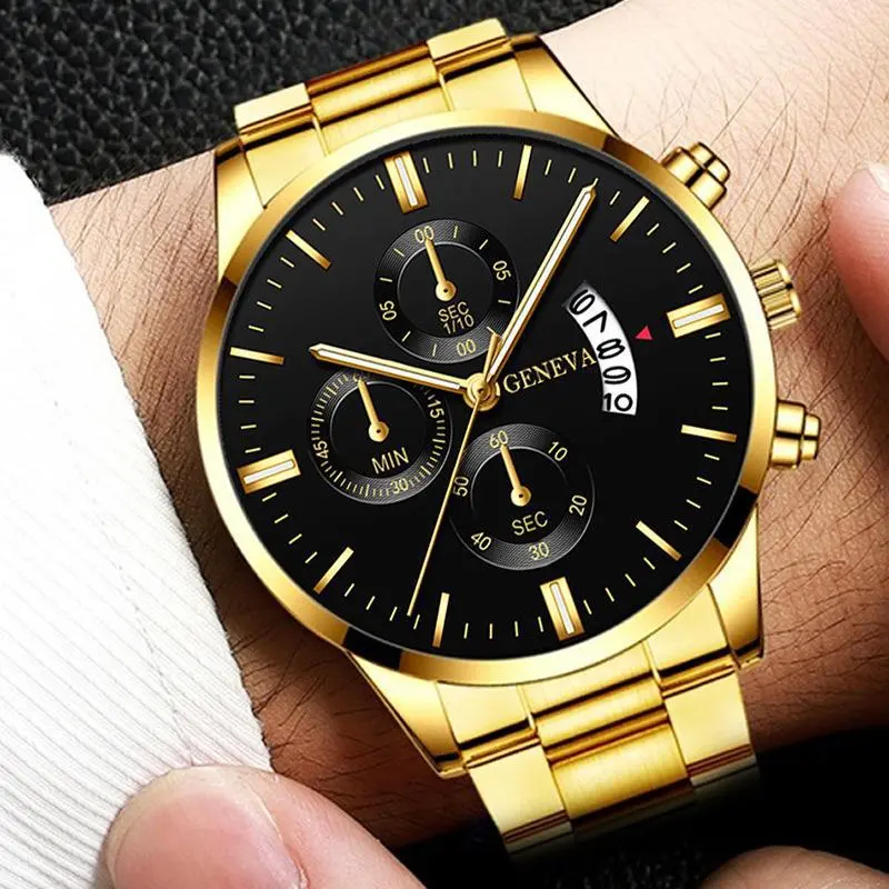 3PCS Set Fashion Mens Business Watches Male Casual Stainless Steel Quartz Wristwatch Men Gold Necklace Bracelet Wrist Watch