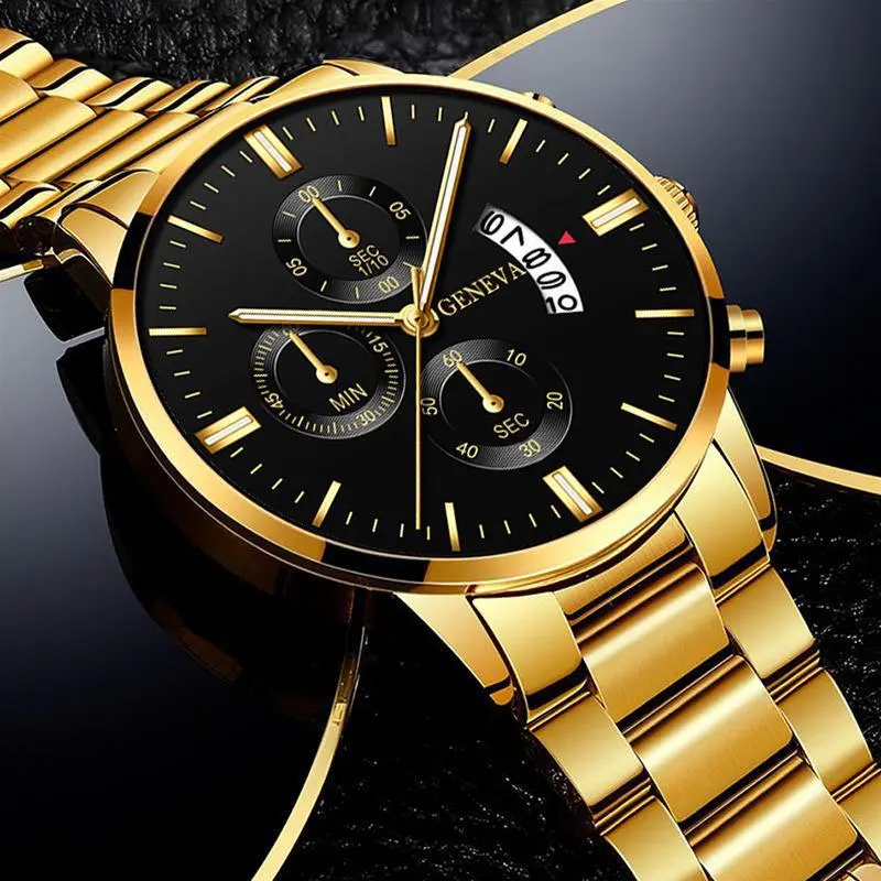 3PCS Set Fashion Mens Business Watches Male Casual Stainless Steel Quartz Wristwatch Men Gold Necklace Bracelet Wrist Watch