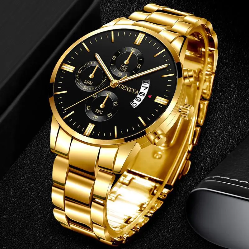 3PCS Set Fashion Mens Business Watches Male Casual Stainless Steel Quartz Wristwatch Men Gold Necklace Bracelet Wrist Watch