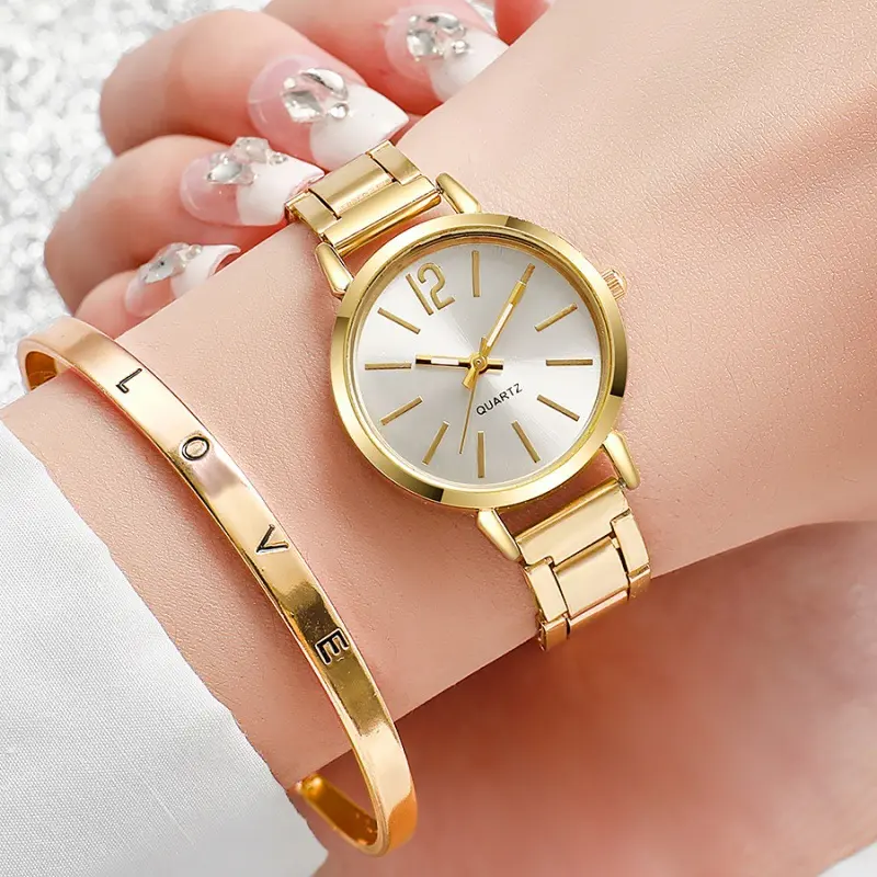 2PCS Set Fashion Luxury Women's Watch Gold Fine Strap Ladies Watch For Bracelet Montre Femme Female Wrist Watch Women Clock
