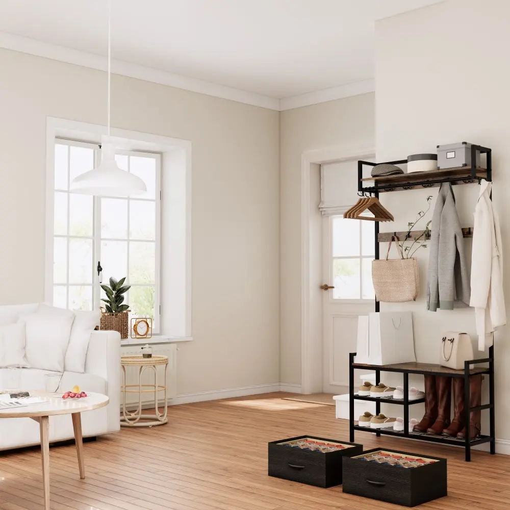33.1" Wide Coat Rack with 2 Removable Drawers, Shoe Storage, Shelves and Hangers, 5-in-1 Entryway Bench with 23 Hooks