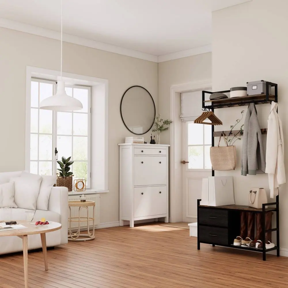 33.1" Wide Coat Rack with 2 Removable Drawers, Shoe Storage, Shelves and Hangers, 5-in-1 Entryway Bench with 23 Hooks