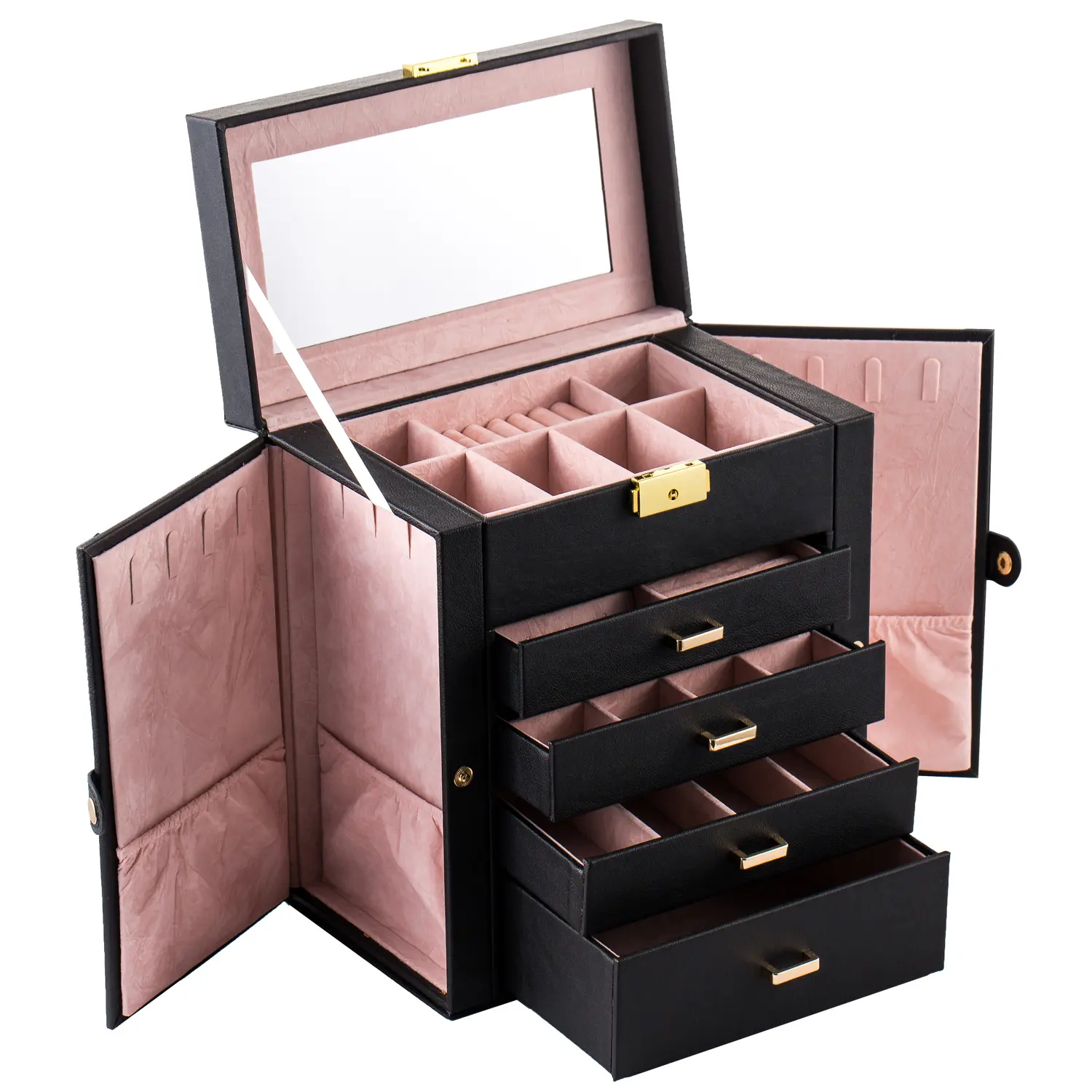 Synthetic Leather Large Jewelry Box, Mirror Watch Storage Box, Necklace Ring Earring Storage Box Make Up Organizer