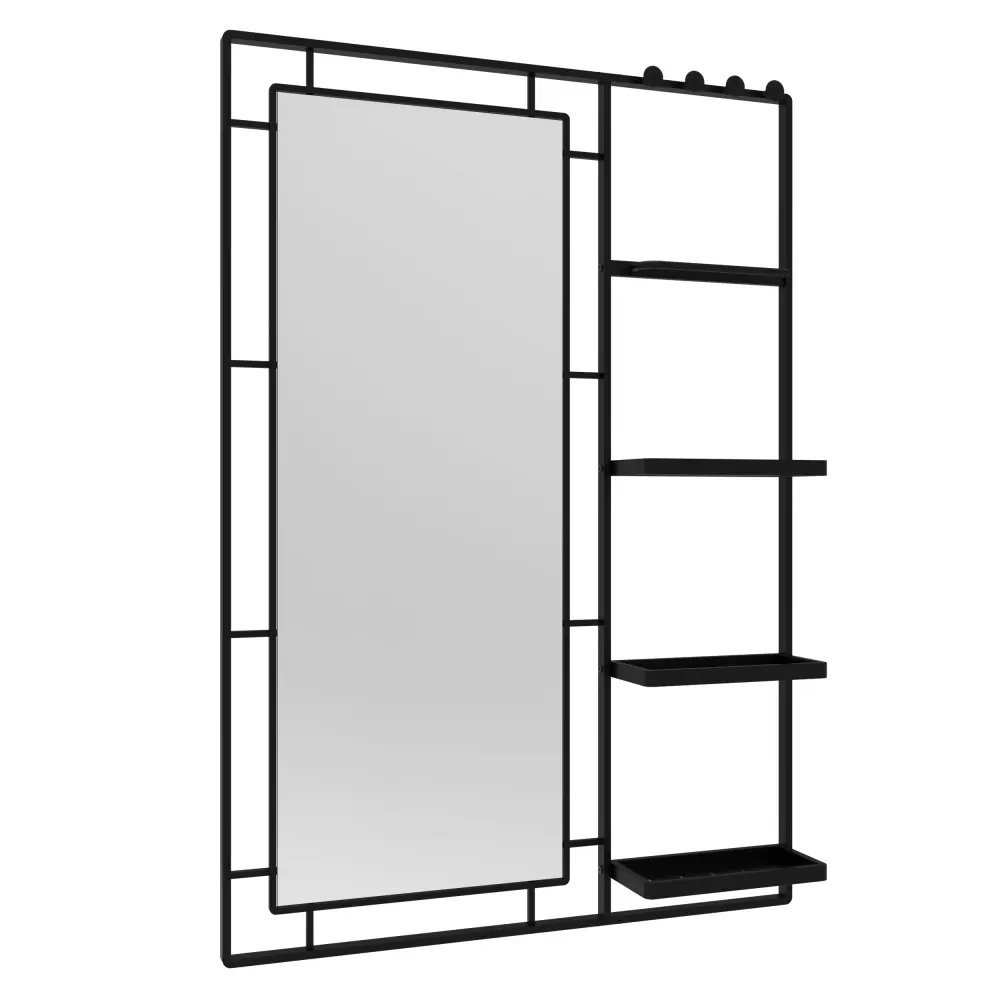 30X44 Ines Modern Vanity Mirror with Multifunctional Shelf, Large Bathroom Mirror, Black Frame Decorative Mirror