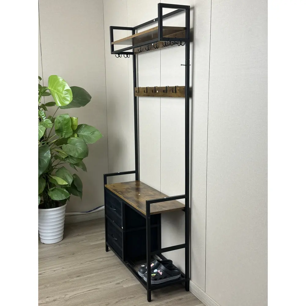 33.1" Wide Coat Rack with 2 Removable Drawers, Shoe Storage, Shelves and Hangers, 5-in-1 Entryway Bench with 23 Hooks