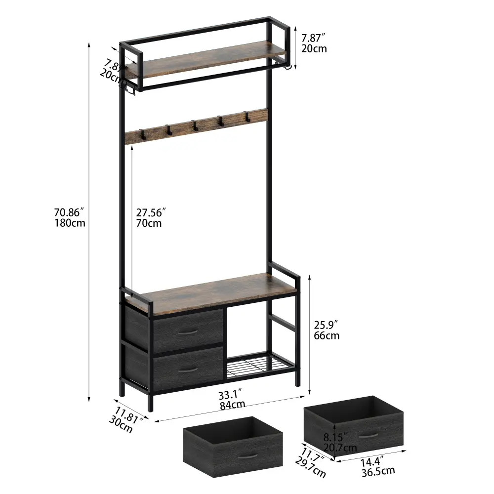 33.1" Wide Coat Rack with 2 Removable Drawers, Shoe Storage, Shelves and Hangers, 5-in-1 Entryway Bench with 23 Hooks