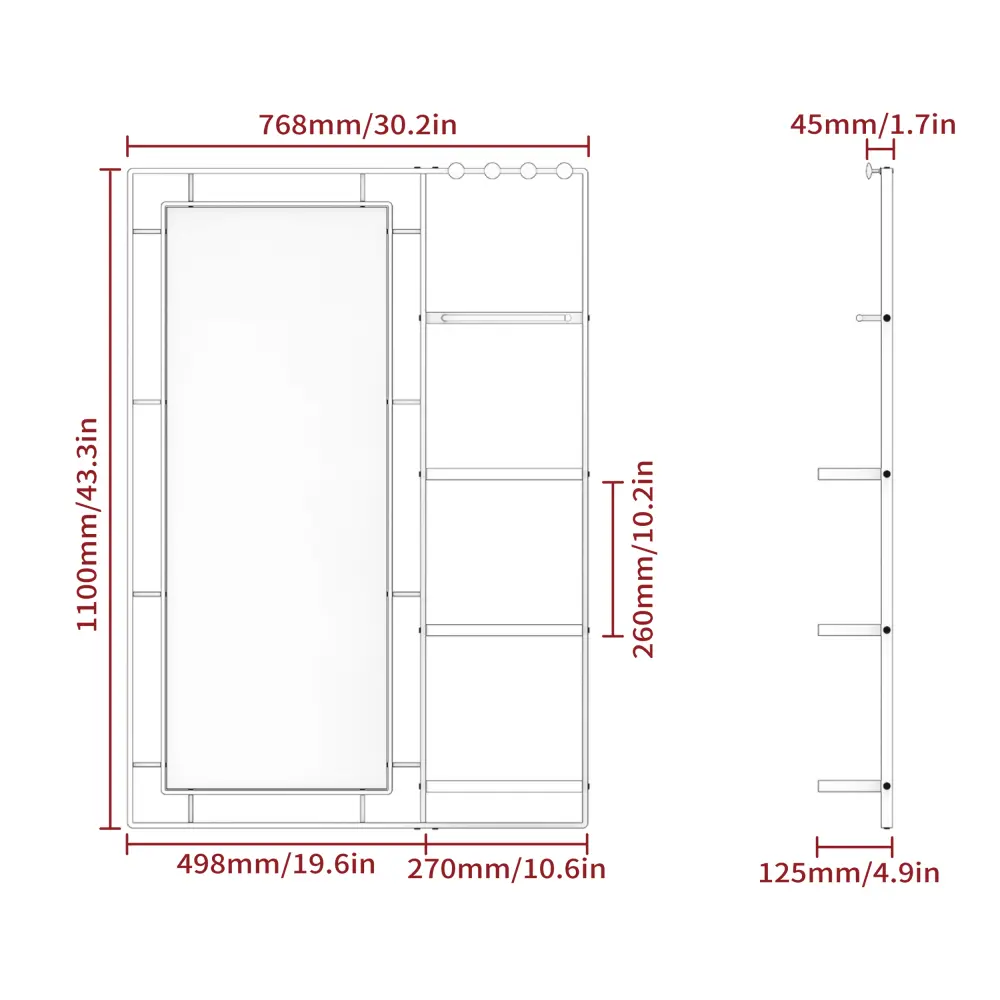 30X44 Ines Modern Vanity Mirror with Multifunctional Shelf, Large Bathroom Mirror, Black Frame Decorative Mirror