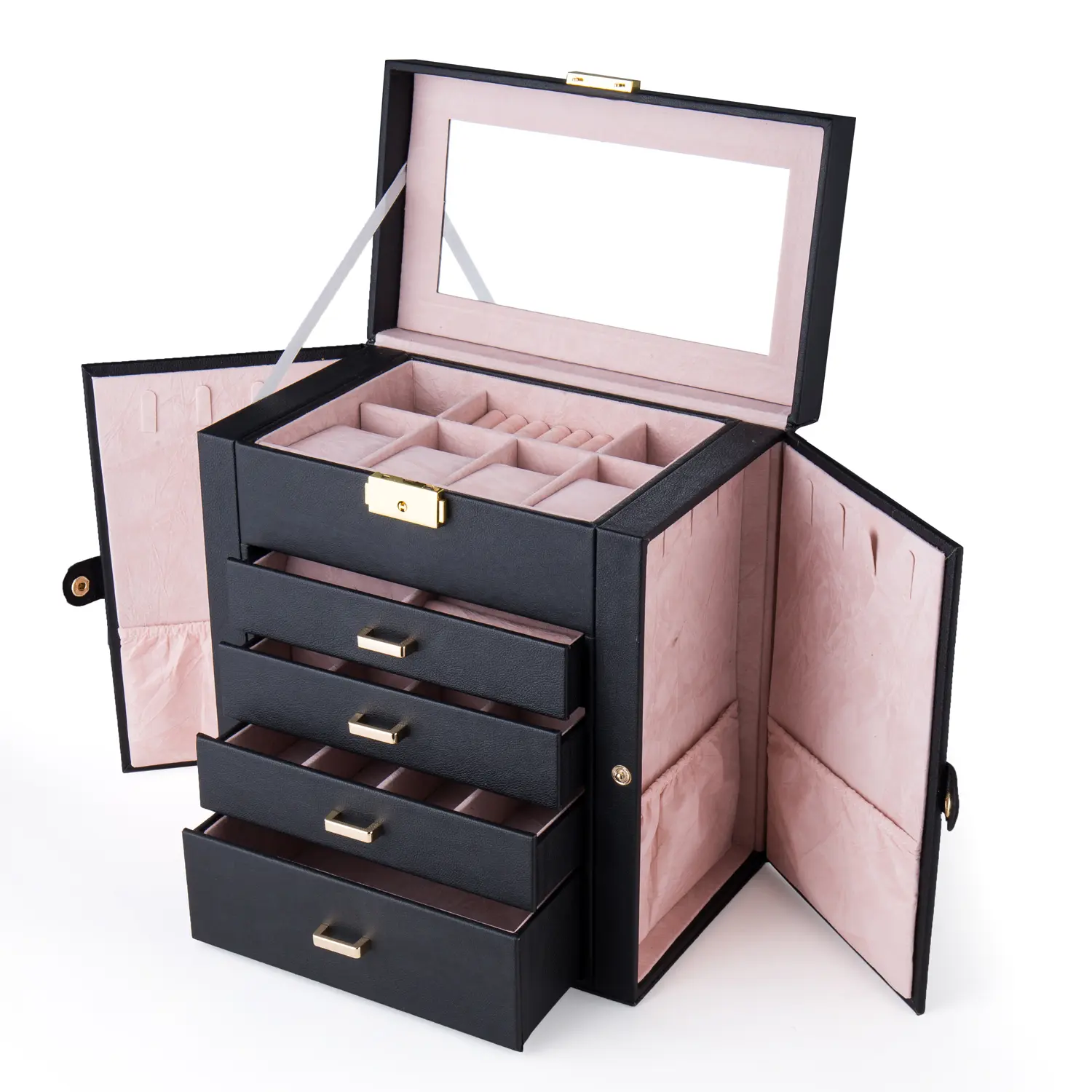 Synthetic Leather Large Jewelry Box, Mirror Watch Storage Box, Necklace Ring Earring Storage Box Make Up Organizer