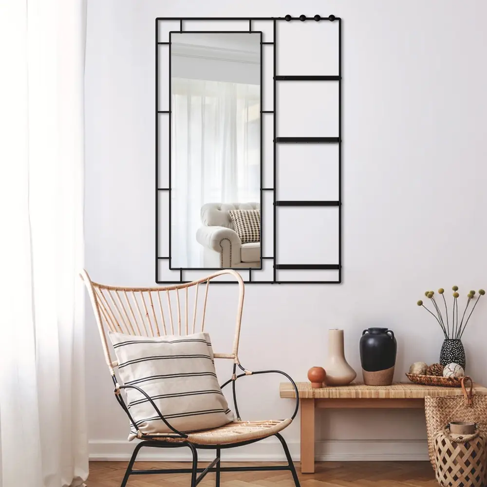 30X44 Ines Modern Vanity Mirror with Multifunctional Shelf, Large Bathroom Mirror, Black Frame Decorative Mirror