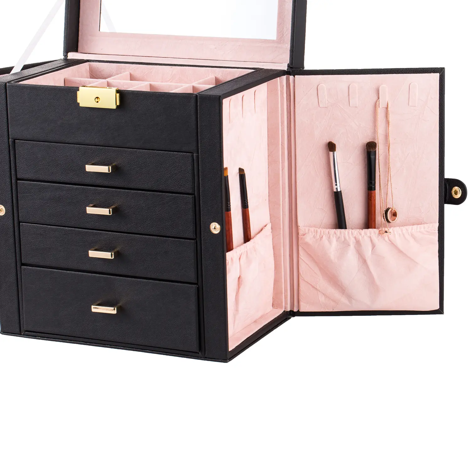 Synthetic Leather Large Jewelry Box, Mirror Watch Storage Box, Necklace Ring Earring Storage Box Make Up Organizer