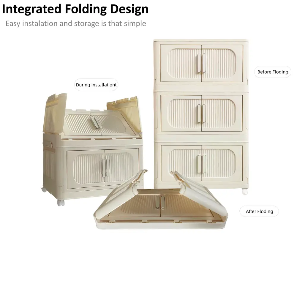 Cream White 19.69" Side Width Folding Storage Cabinet, 3 Layers, Foldable Storage Box with Magnetic Door Storage Box