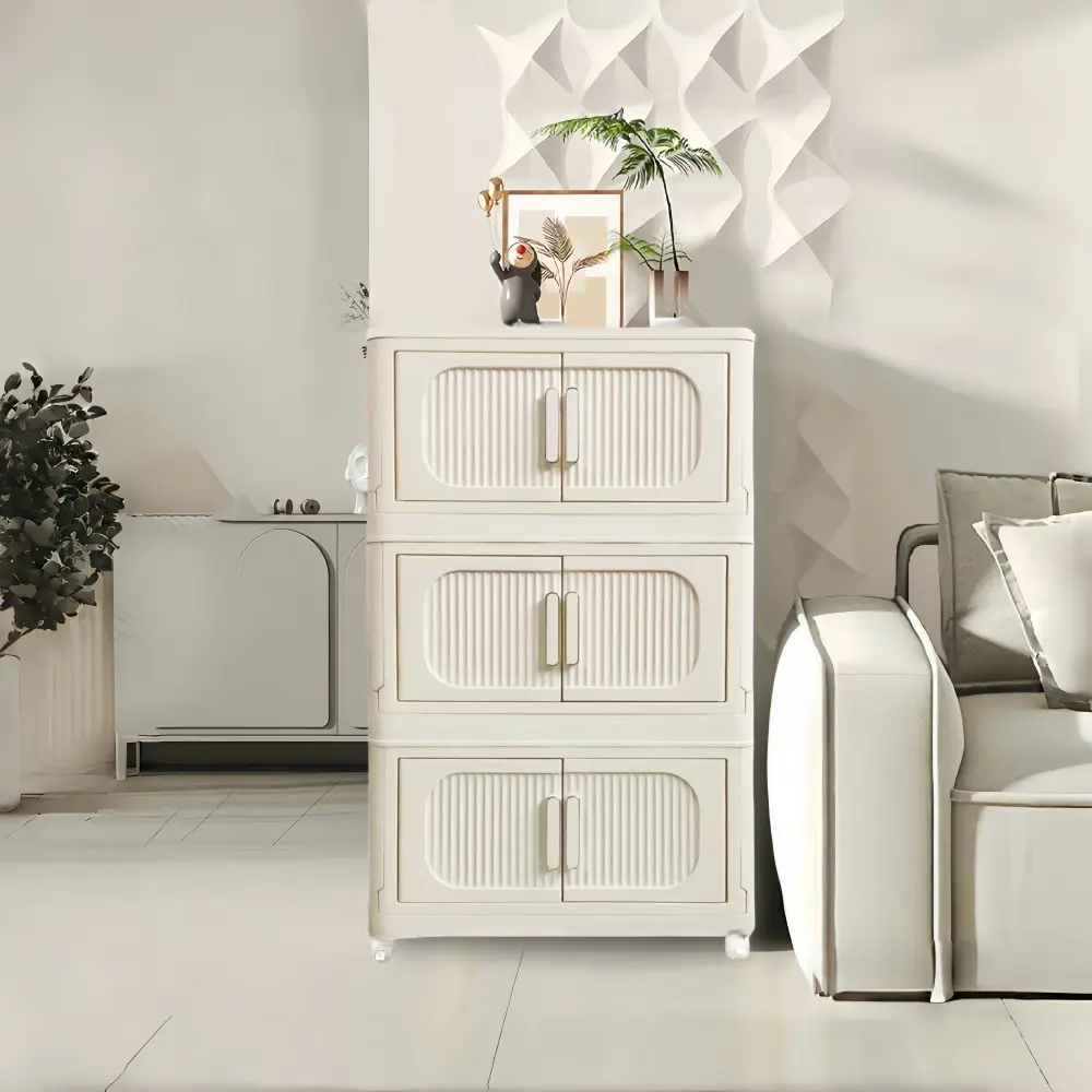 Cream White 19.69" Side Width Folding Storage Cabinet, 3 Layers, Foldable Storage Box with Magnetic Door Storage Box