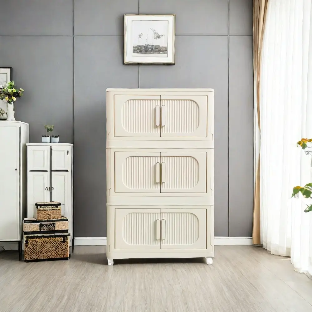 Cream White 19.69" Side Width Folding Storage Cabinet, 3 Layers, Foldable Storage Box with Magnetic Door Storage Box
