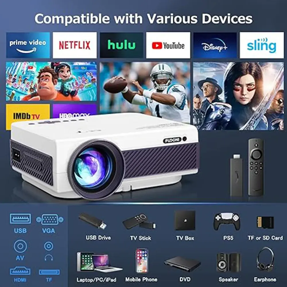 Projector with WiFi and Bluetooth, 5G WiFi Native 1080P Outdoor Projector Support 4K, Portable Movie Projector for Most Devices