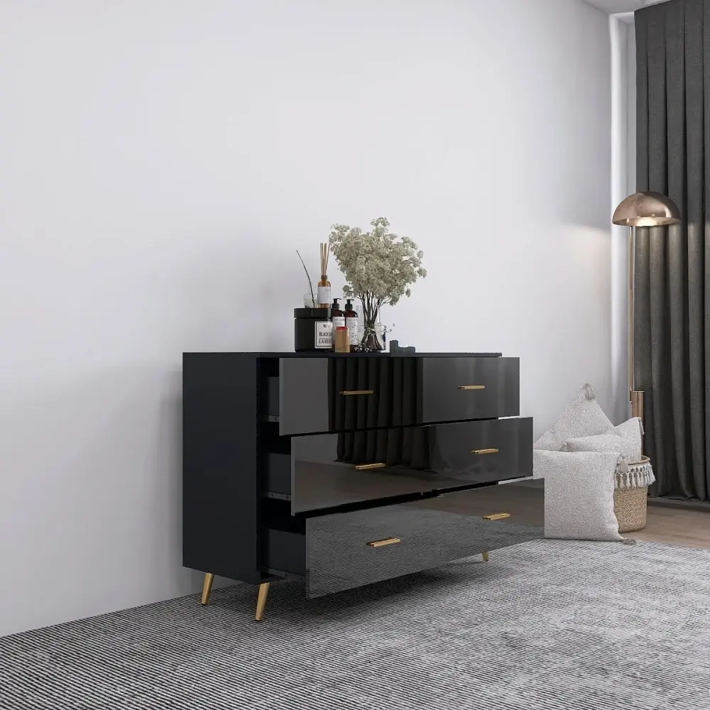 High Glossy Surface 6 Drawers Chest of Drawer with Golden Handle and Golden Steel Legs Black Color Vanity Furniture
