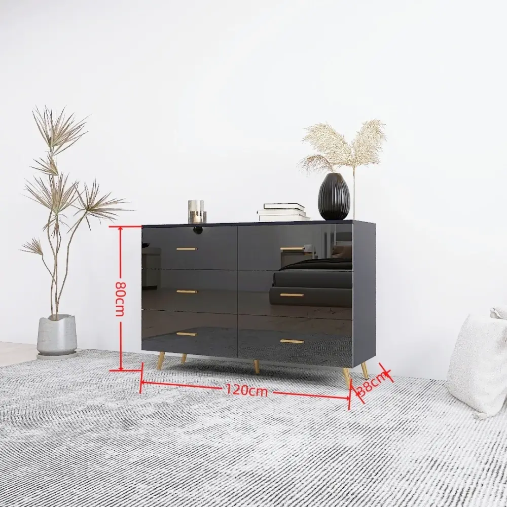 High Glossy Surface 6 Drawers Chest of Drawer with Golden Handle and Golden Steel Legs Black Color Vanity Furniture