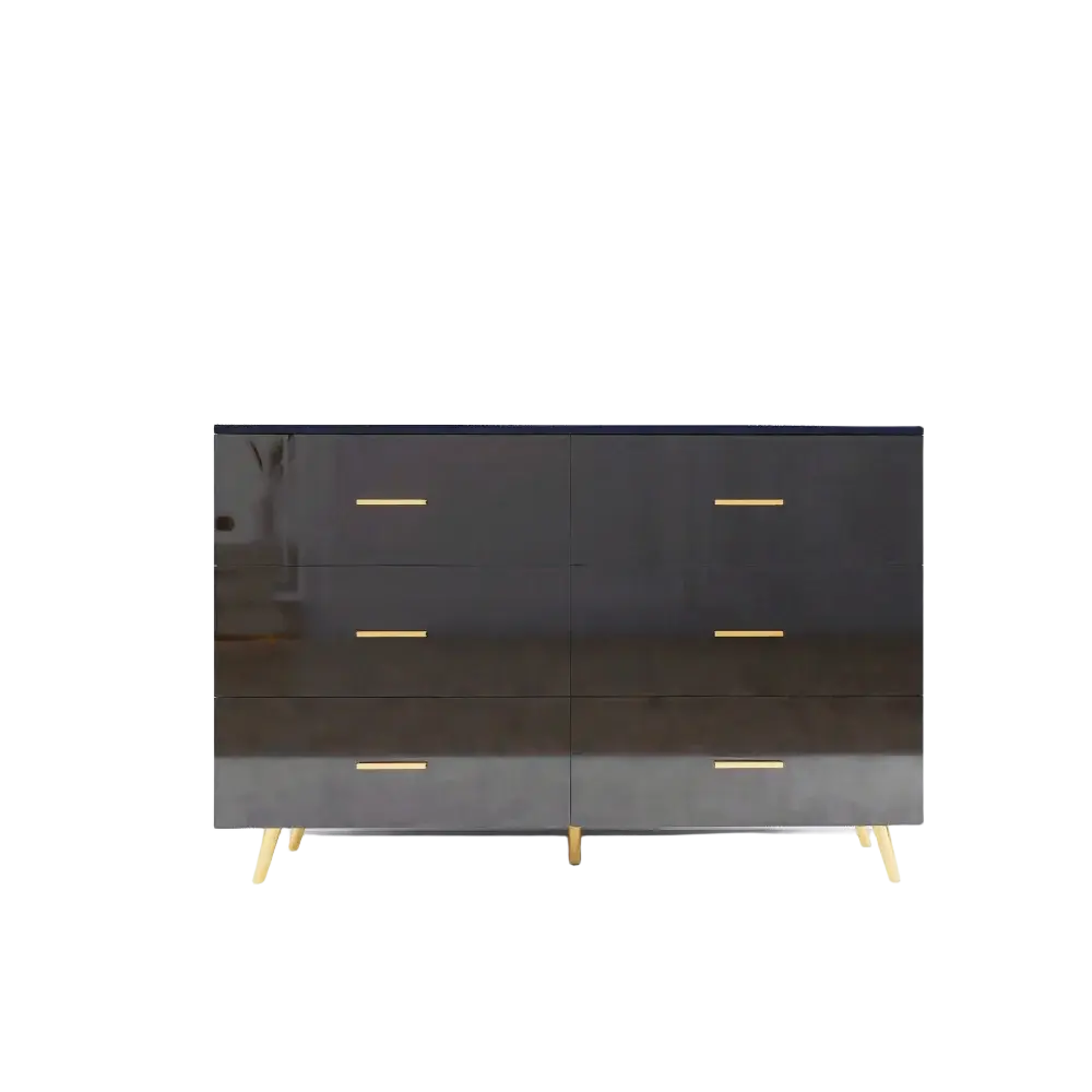 High Glossy Surface 6 Drawers Chest of Drawer with Golden Handle and Golden Steel Legs Black Color Vanity Furniture
