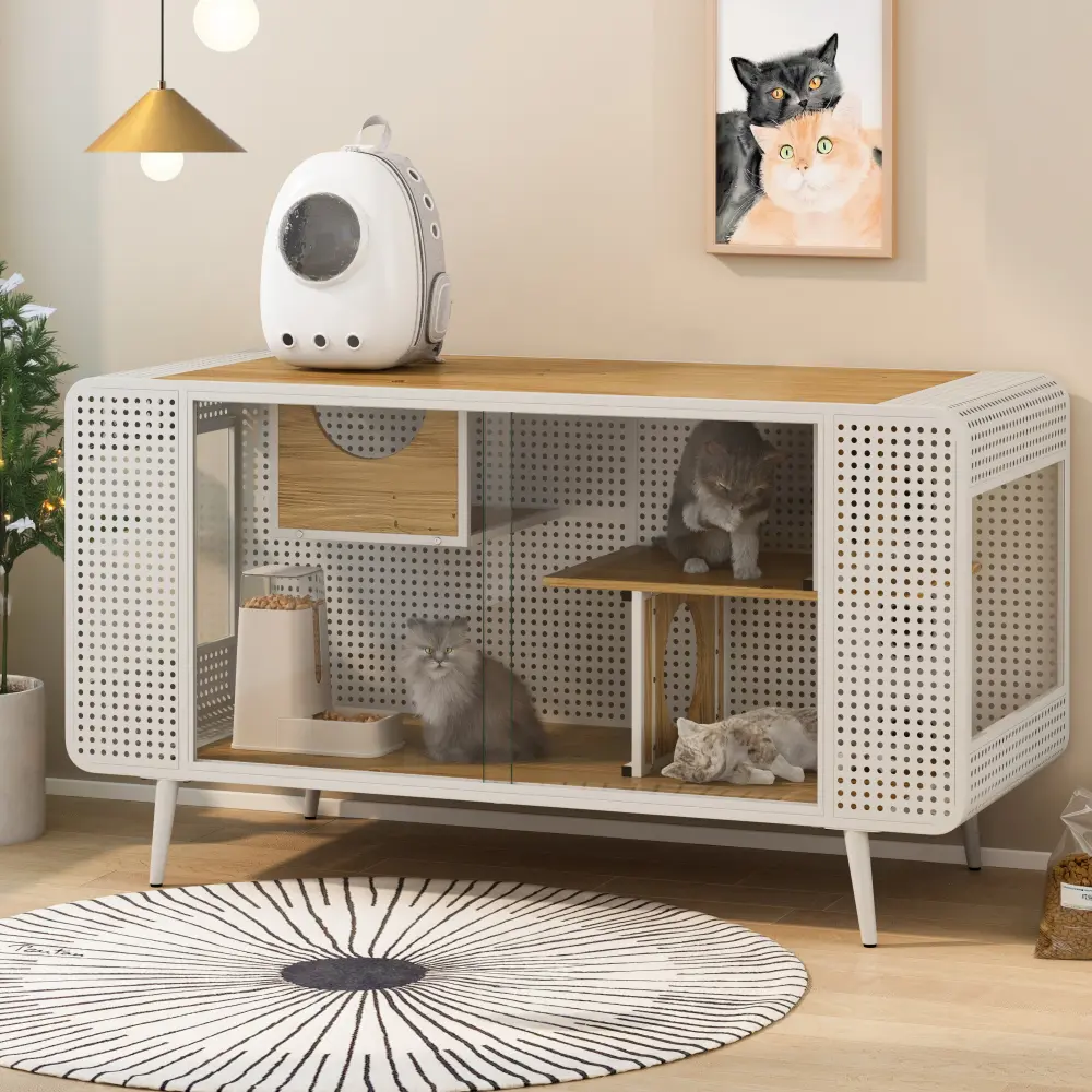 55.12 "Spacious Cat House with Tempered Glass, for Living Room, Hallway, Study and Other Spaces (White) Cat House