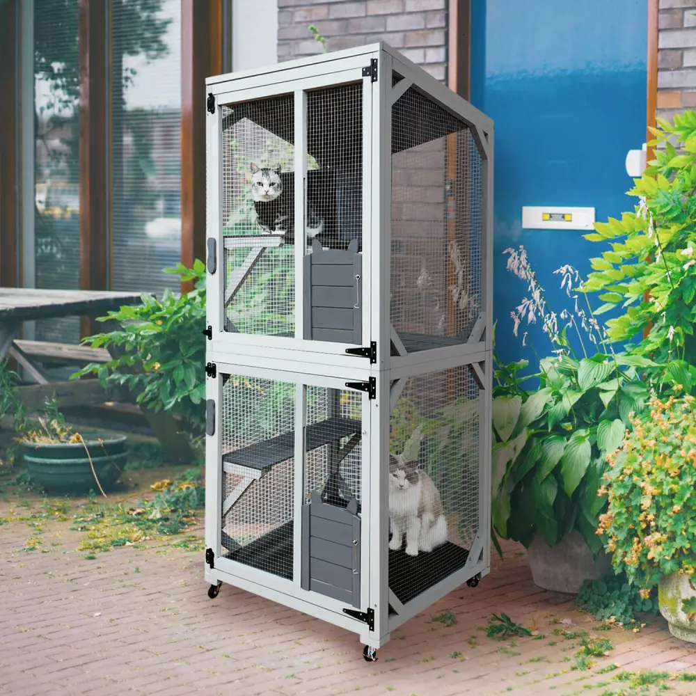 30.7" Wooden Outdoor Deluxe Cat House on Wheels, 4 Deck and Weatherproof Asphalt Roof with Sliding Door Cat House