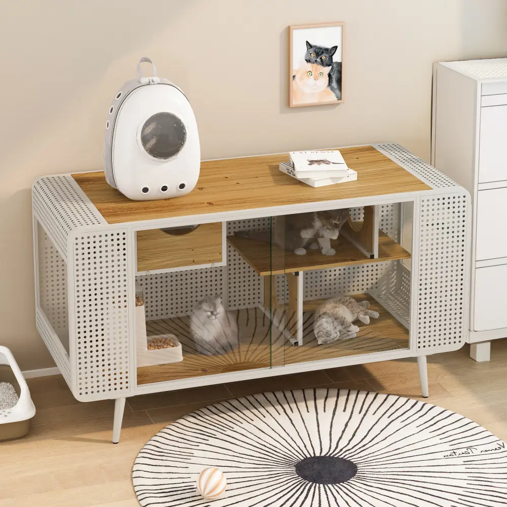 55.12 "Spacious Cat House with Tempered Glass, for Living Room, Hallway, Study and Other Spaces (White) Cat House