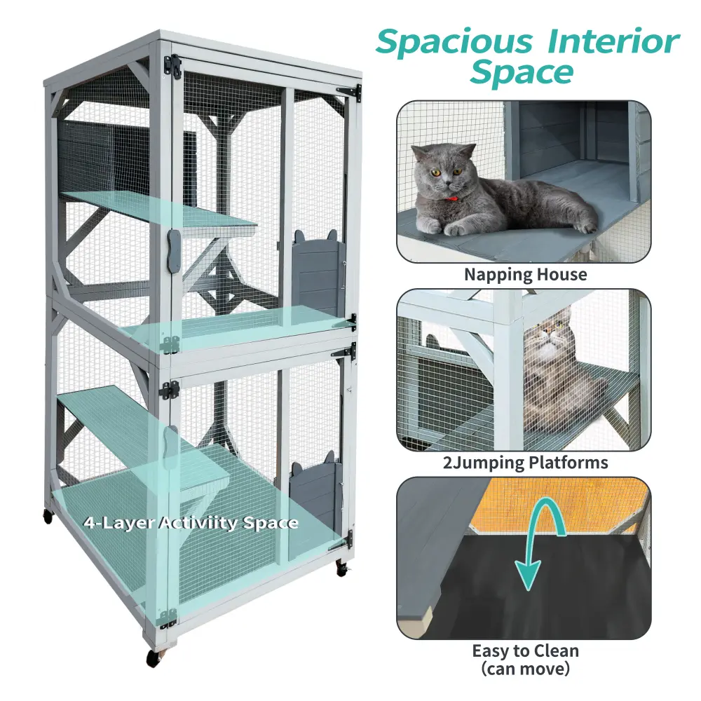 30.7" Wooden Outdoor Deluxe Cat House on Wheels, 4 Deck and Weatherproof Asphalt Roof with Sliding Door Cat House