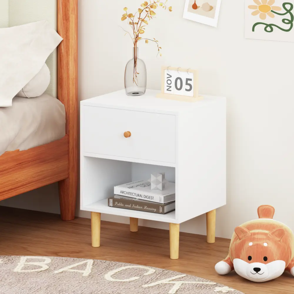 23.22''H Wooden Nightstand with One Drawer One Shelf for Kids, Adults Bedroom Furniture